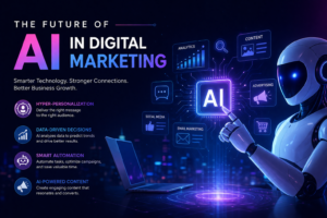 The future of AI in digital marketing illustration featuring a futuristic AI robot, analytics dashboard, automation, and digital marketing technology.